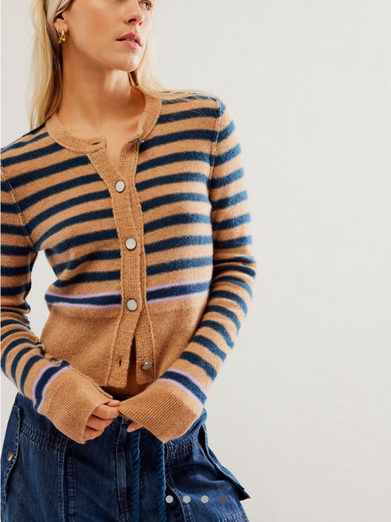 Free People Sweaters - Free People Sailor Cashmere Striped Navy Blue and Tan Cardigan Sweater [Size S]
